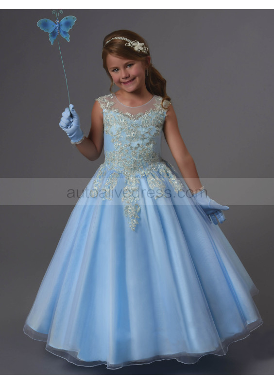 Gold Lace Blue Organza Ankle Length Wedding Flower Girl Dress 